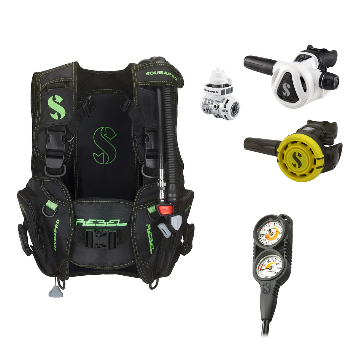 SCUBAPRO MK11 EVO / C370 Colour White regulator set with R105 octopus and Rebel V2 BCD