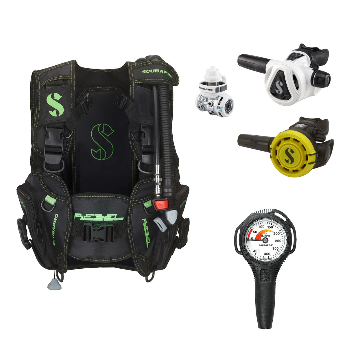 SCUBAPRO MK11 EVO / C370 Colour White regulator set with R105 octopus and Rebel V2 BCD
