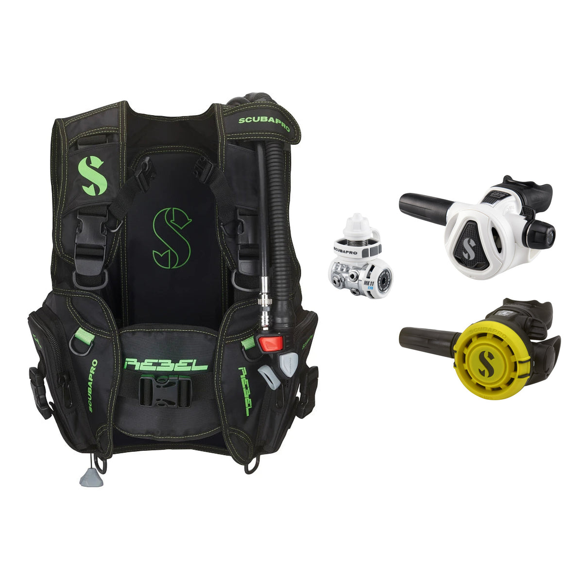 SCUBAPRO MK11 EVO / C370 Colour White regulator set with R105 octopus and Rebel V2 BCD
