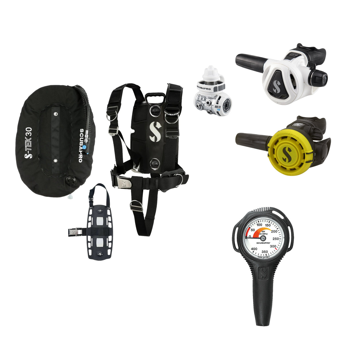 SCUBAPRO MK11 EVO / C370 Colour White regulator set with R105 octopus and S-TEK Pro BCD (stainless steel)