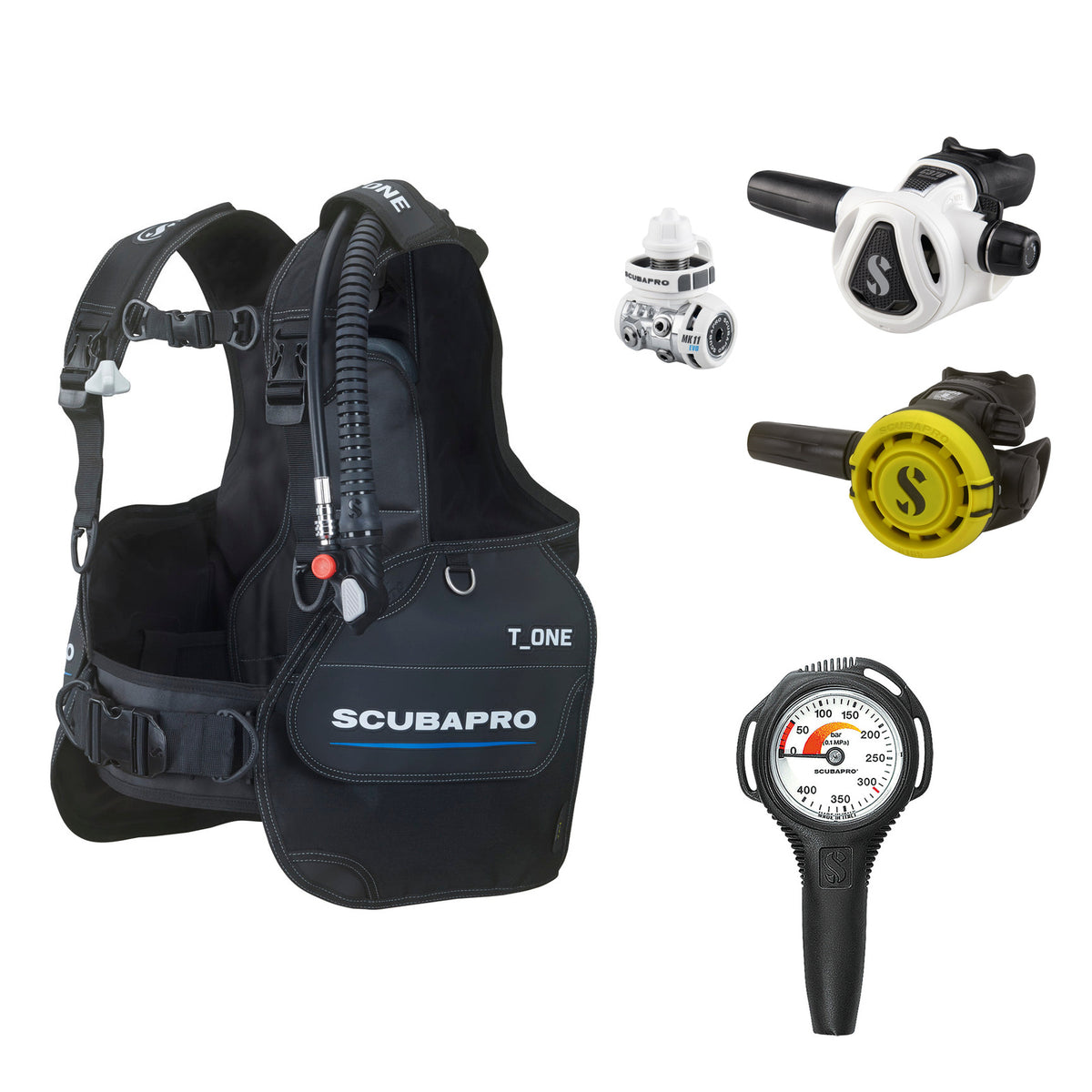 SCUBAPRO MK11 EVO / C370 Colour White regulator set with R105 octopus and T-One BCD