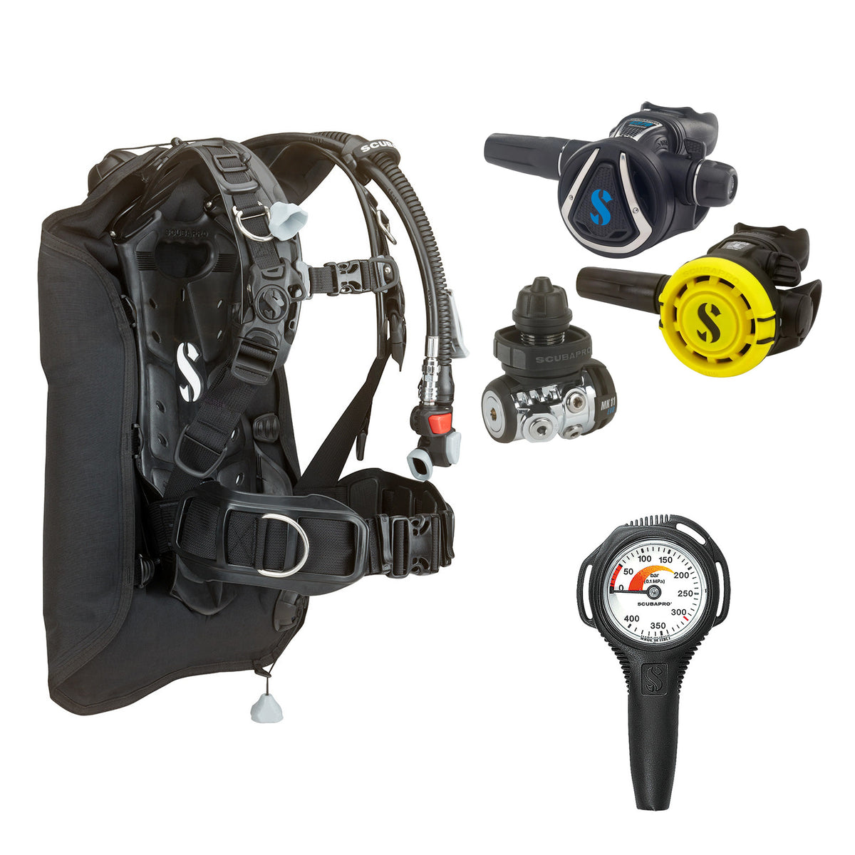 SCUBAPRO MK11 EVO / C370 regulator set with R105 octopus and Hydros Core BCD, with Compact SPG