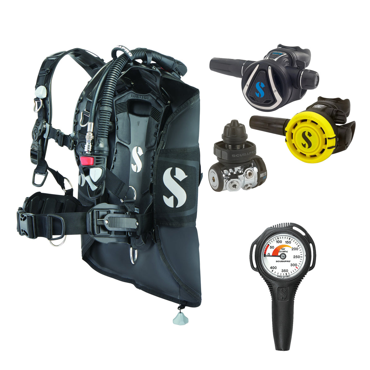 SCUBAPRO MK11 EVO / C370 regulator set with R105 octopus and Hydros Pro 2 BCD, with Compact SPG