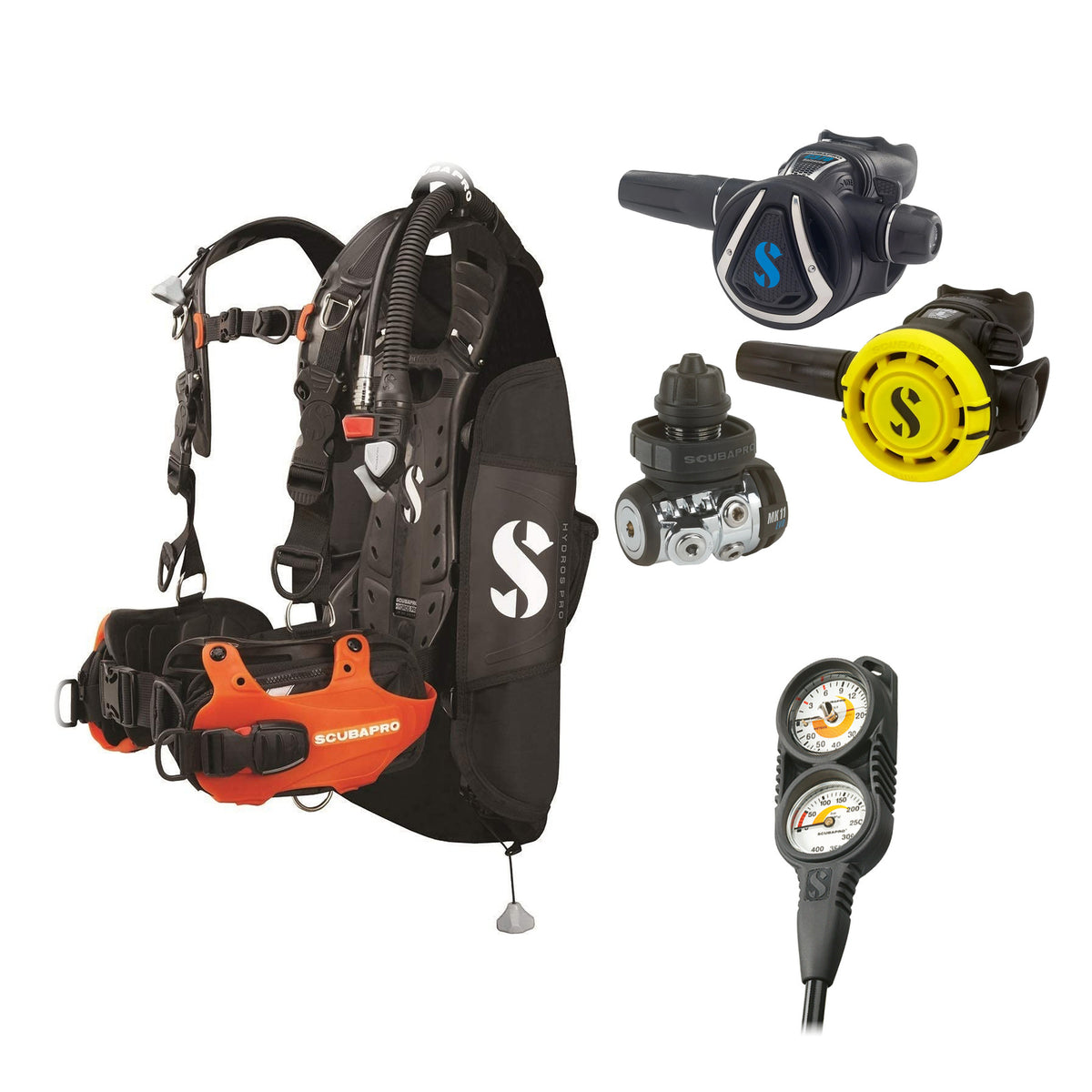 SCUBAPRO MK11 EVO / C370 regulator set with R105 octopus and Hydros Pro Ladies BCD in orange, with Compact Combo 2