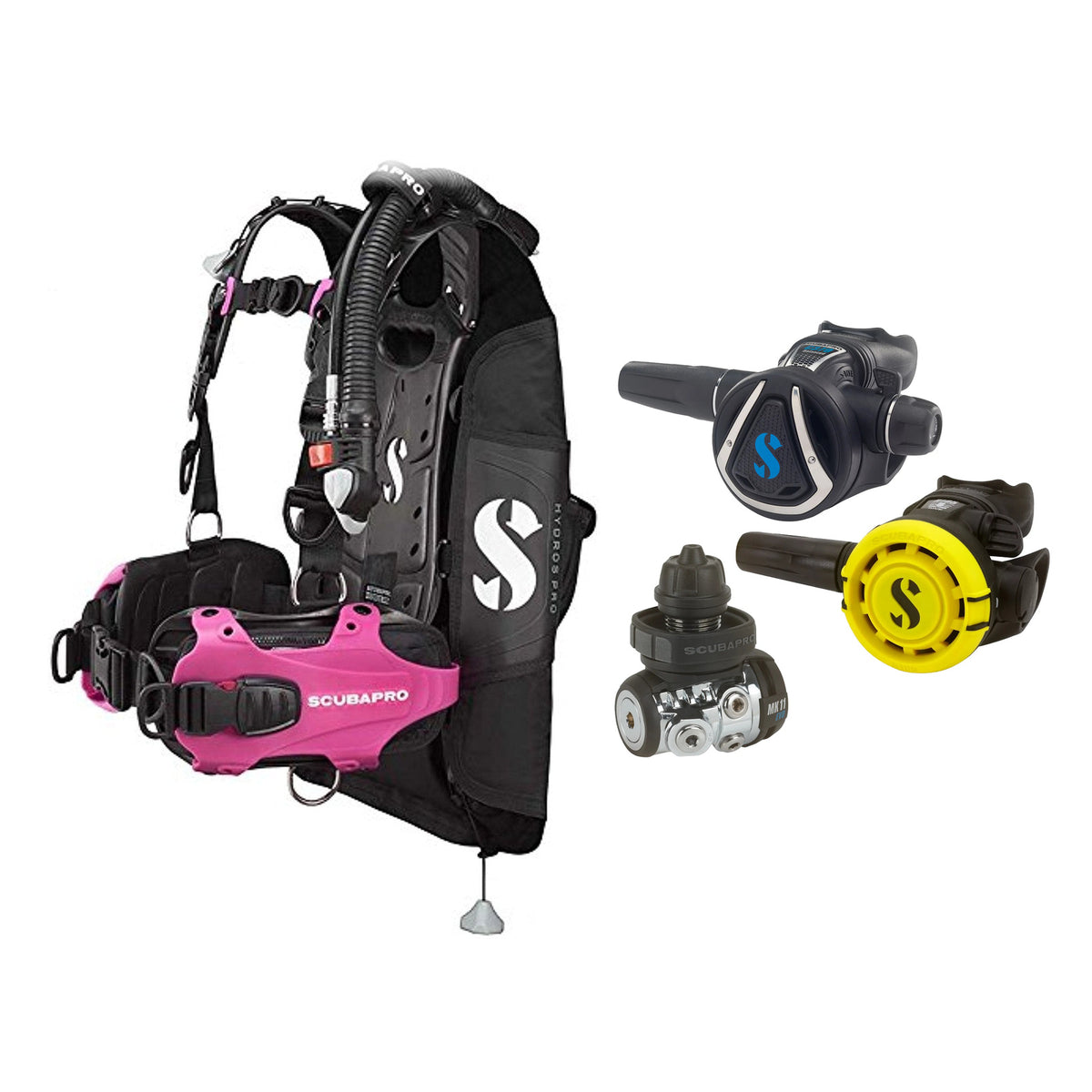SCUBAPRO MK11 EVO / C370 regulator set with R105 octopus and Hydros Pro Ladies BCD in pink