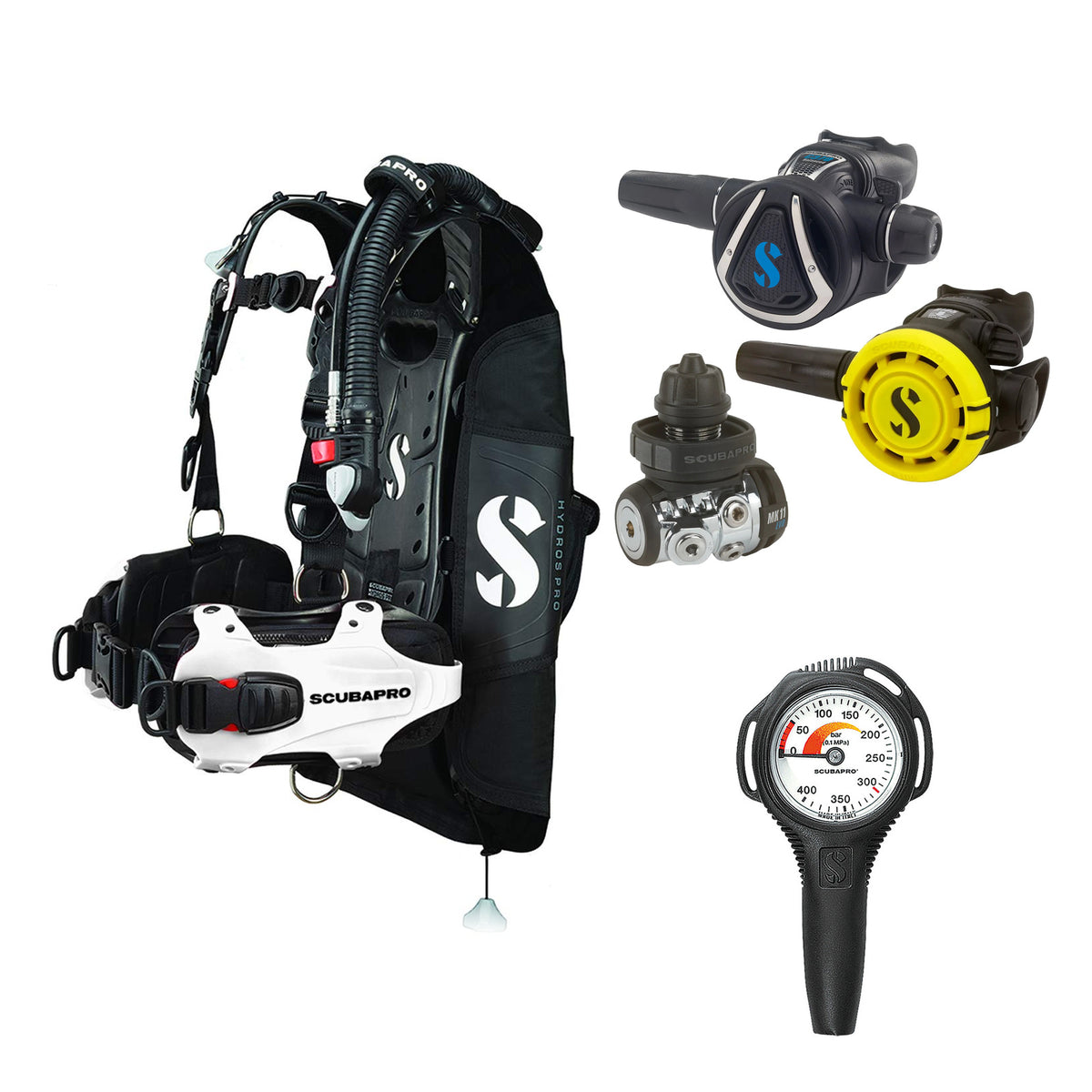 SCUBAPRO MK11 EVO / C370 regulator set with R105 octopus and Hydros Pro Ladies BCD in white, with Compact SPG