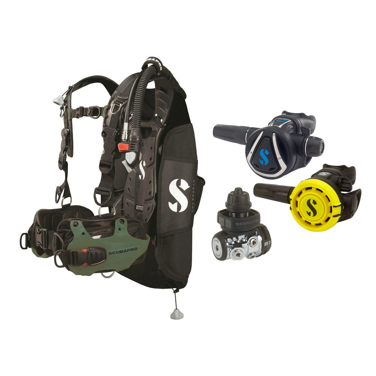 SCUBAPRO MK11 EVO / C370 regulator set with R105 octopus and Hydros Pro Mens BCD in army green