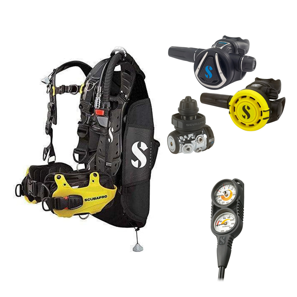 SCUBAPRO MK11 EVO / C370 regulator set with R105 octopus and Hydros Pro Mens BCD in yellow, with Compact Combo 2