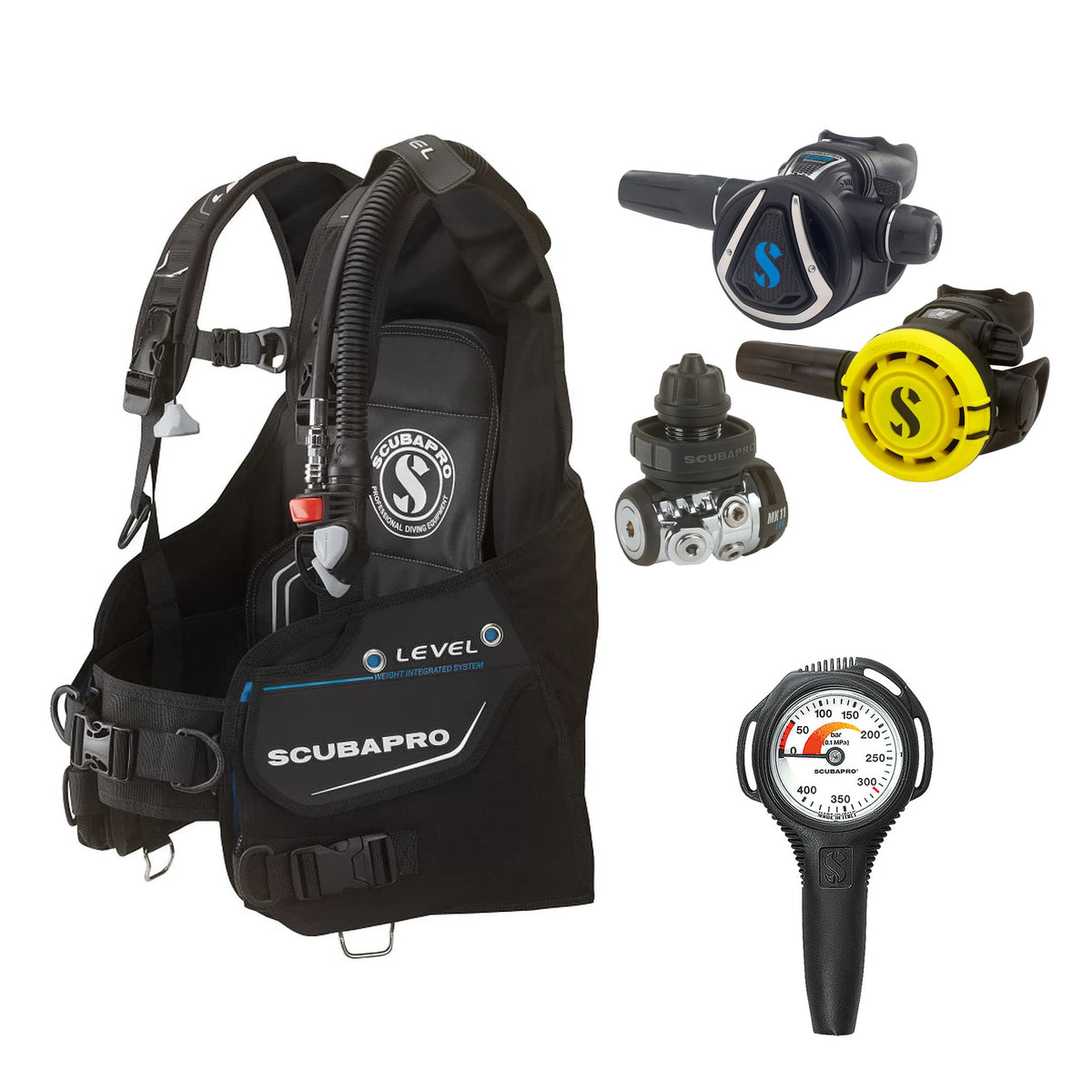 SCUBAPRO MK11 EVO / C370 regulator set with R105 octopus and Level BCD, with Compact SPG