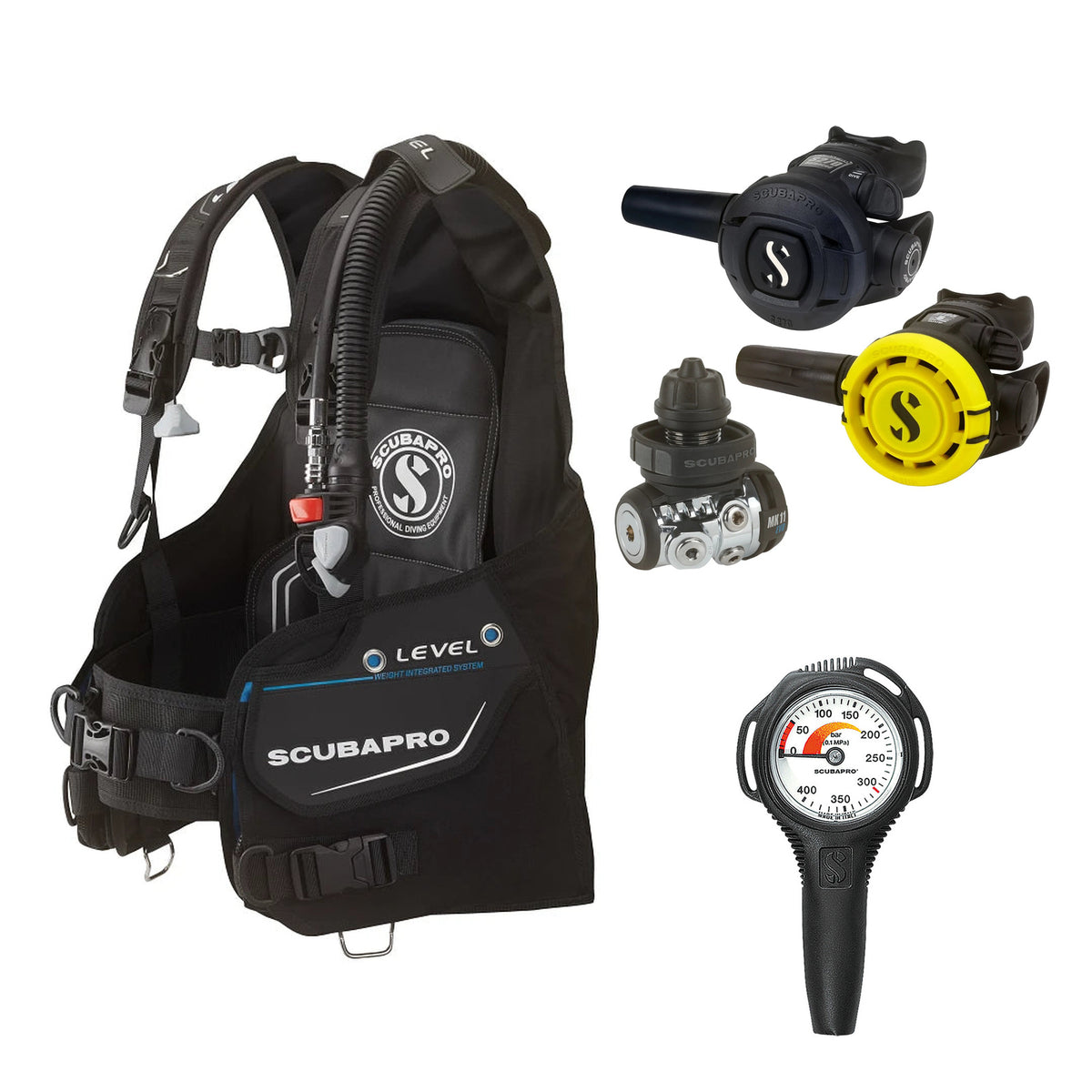 SCUBAPRO MK11 EVO / S270 regulator set with R105 octopus and Level BCD, with Compact SPG