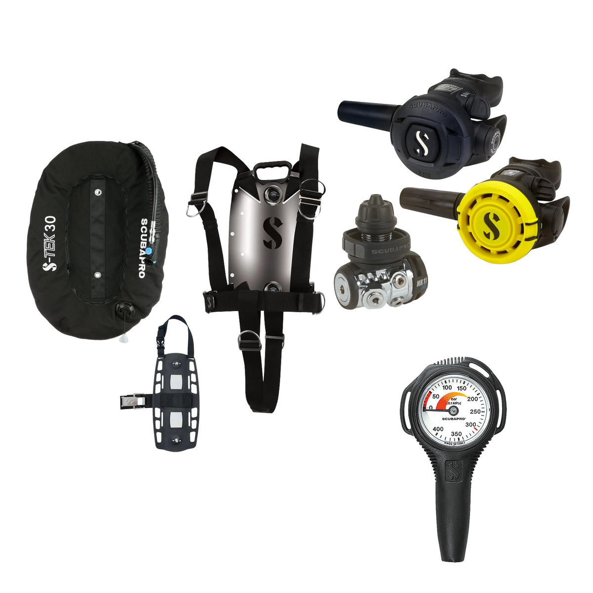 SCUBAPRO MK11 EVO / S270 regulator set with R105 octopus and S-TEK Pure BCD (stainless steel)