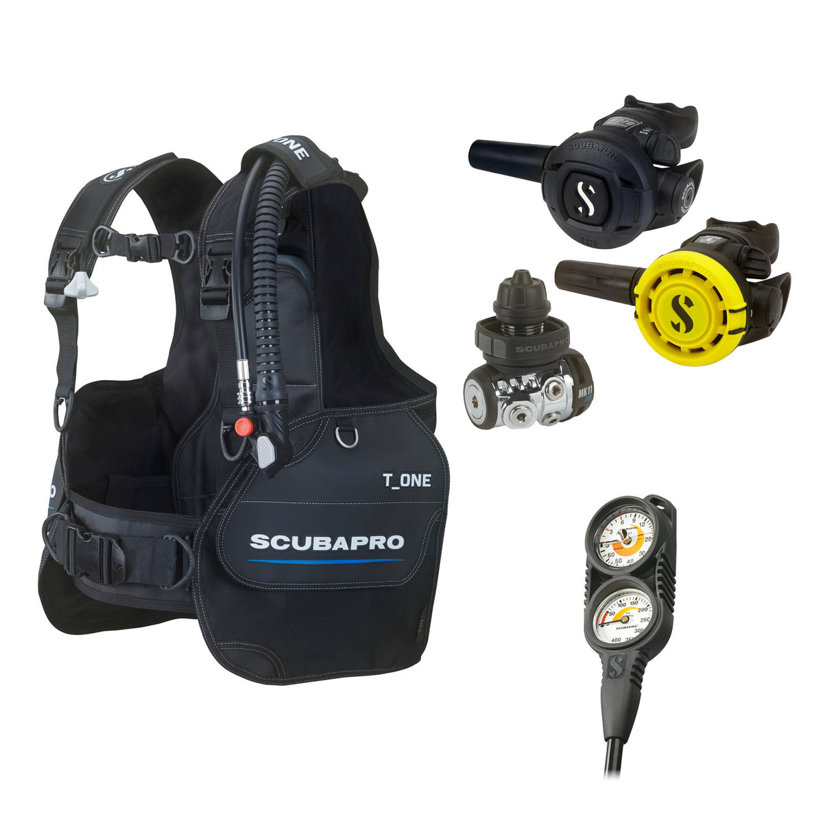 SCUBAPRO MK11 EVO / S270 regulator set with R105 octopus and T-One BCD, with Compact Combo 2