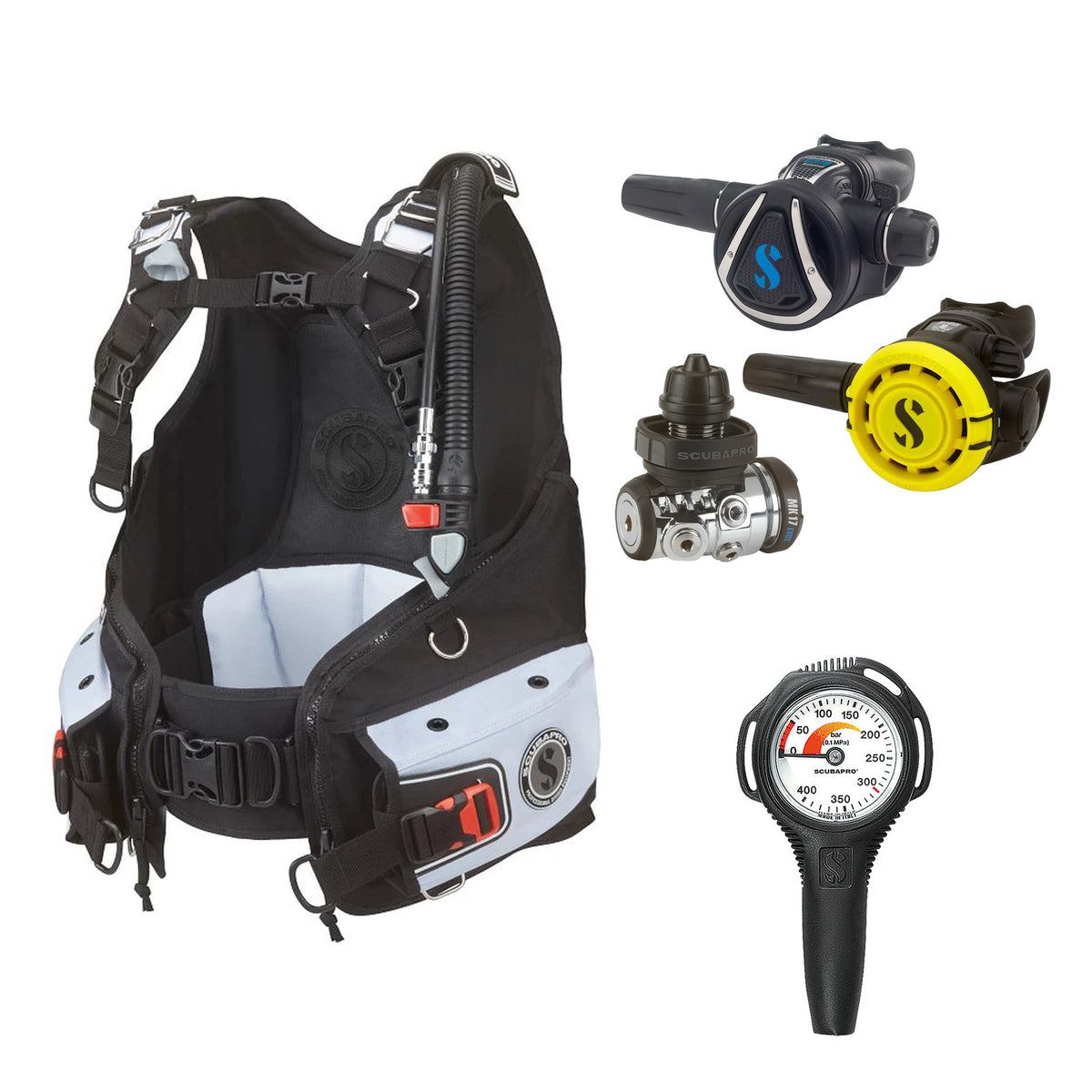 SCUBAPRO MK17 EVO2 / C370 regulator set with R105 octopus and Bella BCD, with Compact SPG
