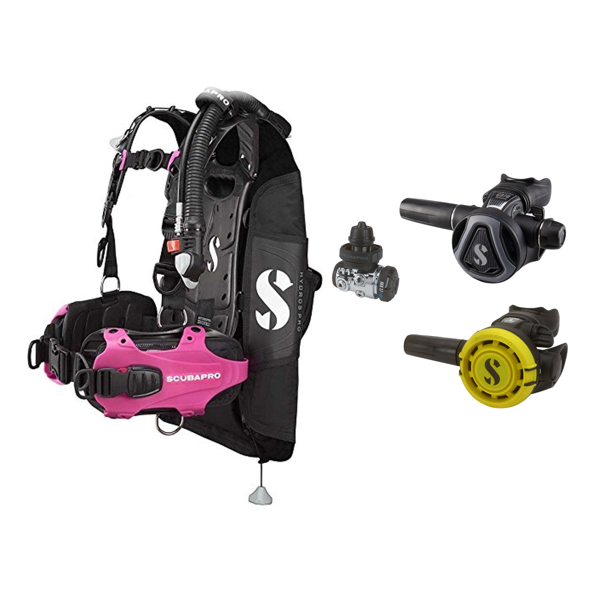 SCUBAPRO MK17 EVO2 / C370 Graphite regulator set with R105 octopus and Hydros Pro Ladies BCD in pink