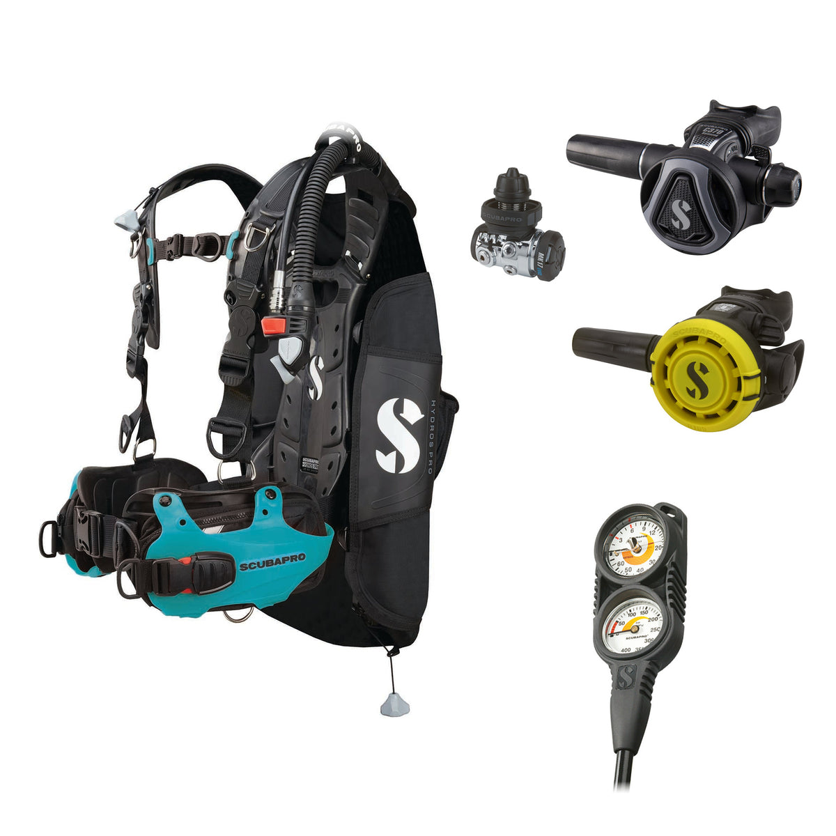 SCUBAPRO MK17 EVO2 / C370 Graphite regulator set with R105 octopus and Hydros Pro Ladies BCD in turquoise, with Compact Combo 2