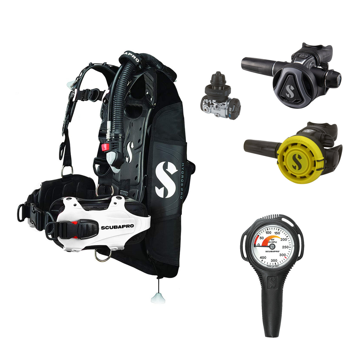 SCUBAPRO MK17 EVO2 / C370 Graphite regulator set with R105 octopus and Hydros Pro Ladies BCD in white, with Compact SPG