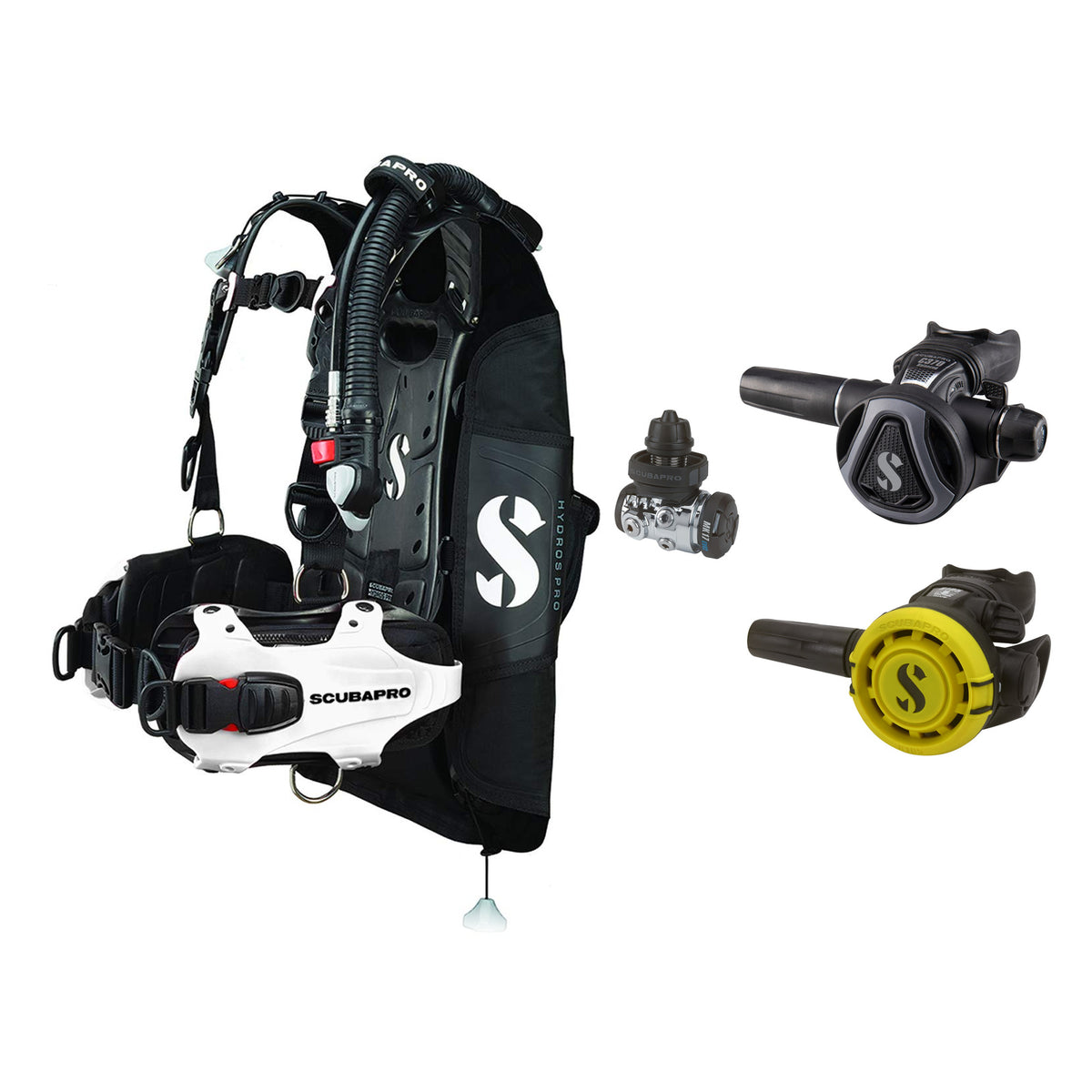 SCUBAPRO MK17 EVO2 / C370 Graphite regulator set with R105 octopus and Hydros Pro Ladies BCD in white
