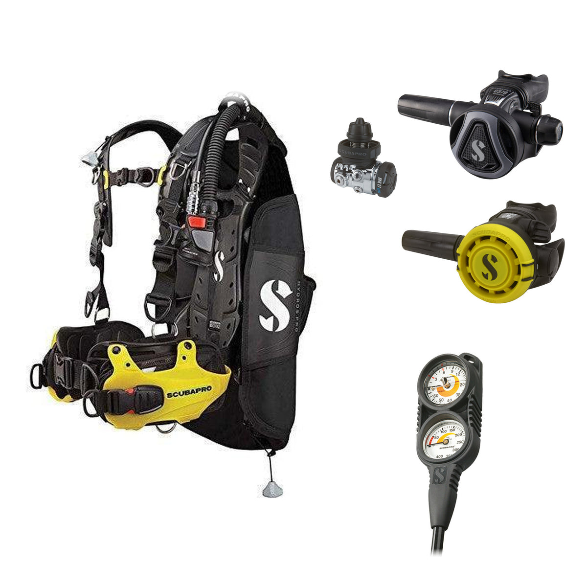 SCUBAPRO MK17 EVO2 / C370 Graphite regulator set with R105 octopus and Hydros Pro Mens BCD in yellow, with Compact Combo 2