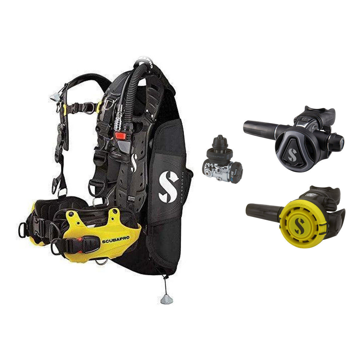 SCUBAPRO MK17 EVO2 / C370 Graphite regulator set with R105 octopus and Hydros Pro Mens BCD in yellow