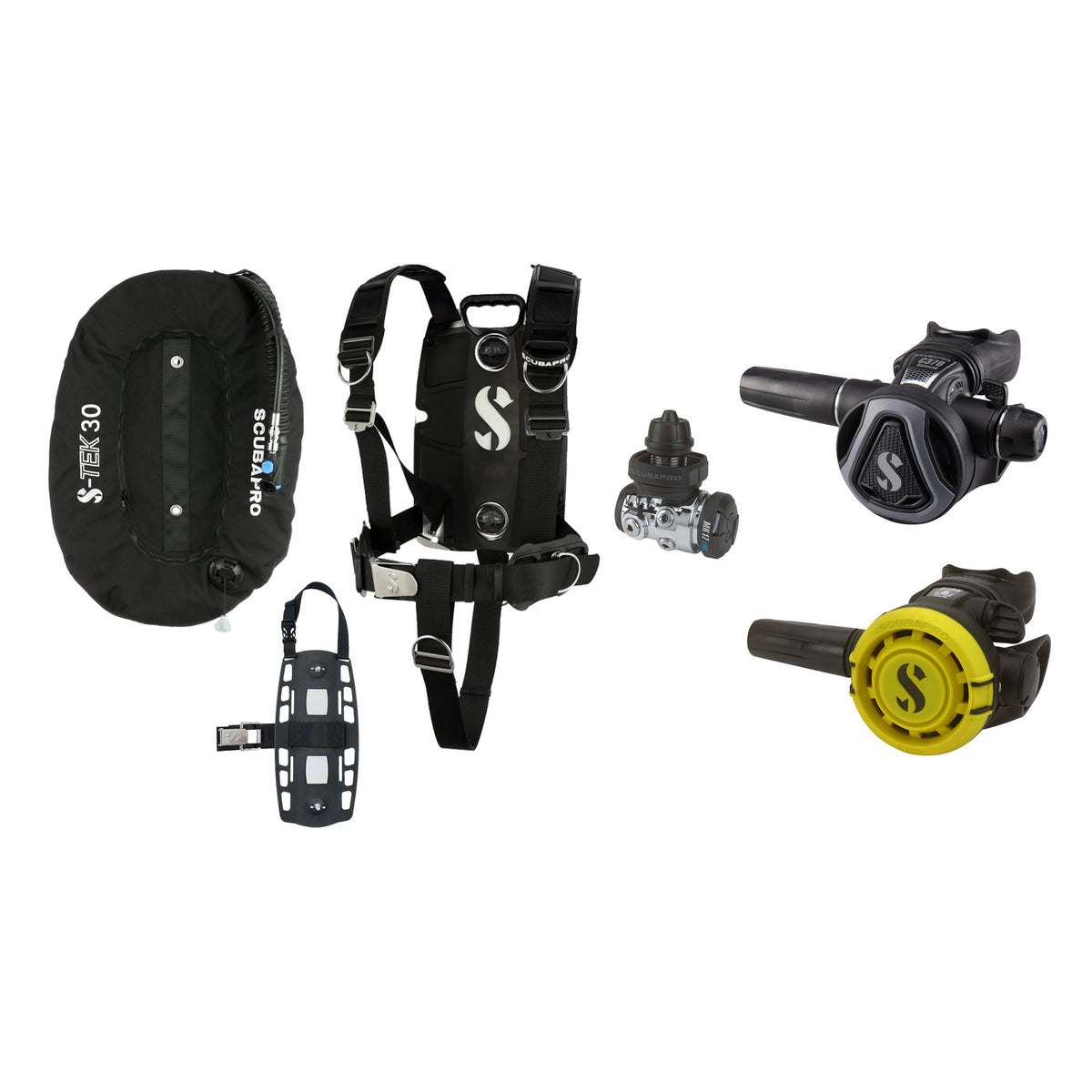 SCUBAPRO MK17 EVO2 / C370 Graphite regulator set with R105 octopus and S-TEK Pro BCD (stainless steel)