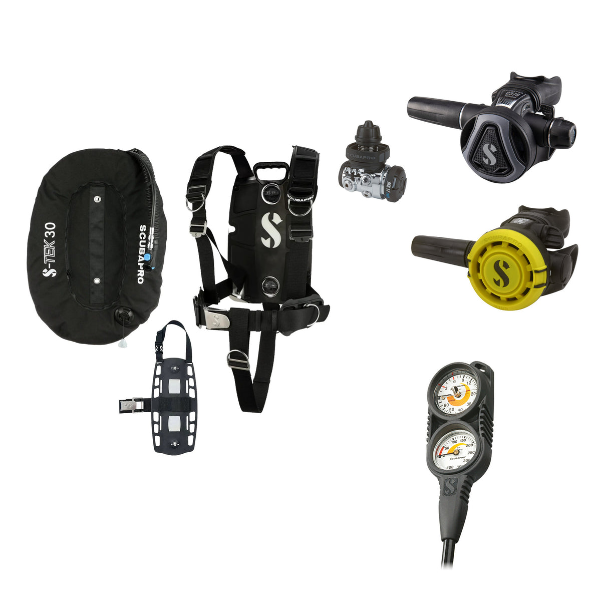 SCUBAPRO MK17 EVO2 / C370 Graphite regulator set with R105 octopus and S-TEK Pro BCD (stainless steel)