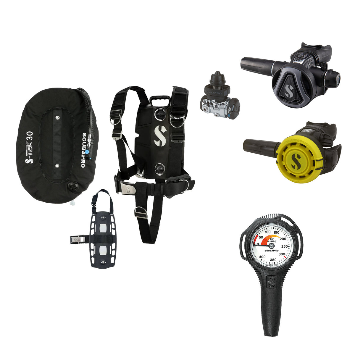 SCUBAPRO MK17 EVO2 / C370 Graphite regulator set with R105 octopus and S-TEK Pro BCD (stainless steel)