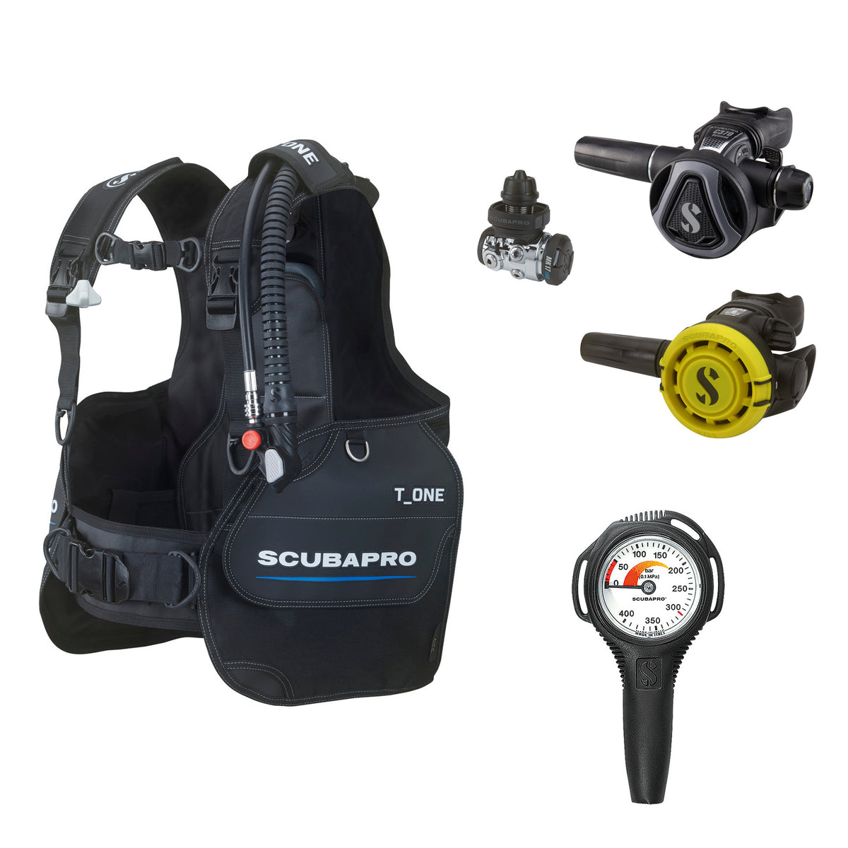 SCUBAPRO MK17 EVO2 / C370 Graphite regulator set with R105 octopus and T-One BCD, with Compact SPG