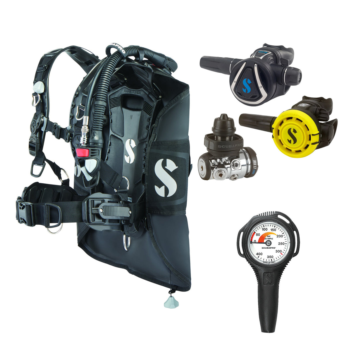 SCUBAPRO MK17 EVO2 / C370 regulator set with R105 octopus and Hydros Pro 2 BCD, with Compact SPG