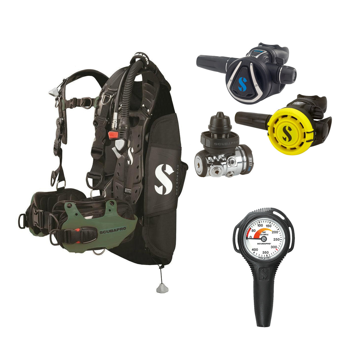 SCUBAPRO MK17 EVO2 / C370 regulator set with R105 octopus and Hydros Pro Mens BCD in army green, with Compact SPG