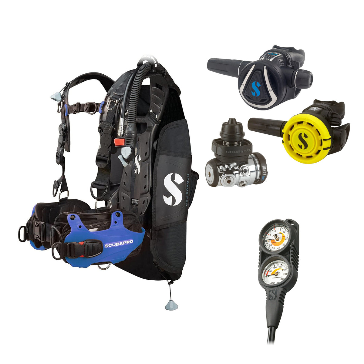 SCUBAPRO MK17 EVO2 / C370 regulator set with R105 octopus and Hydros Pro Mens BCD in blue, with Compact Combo 2