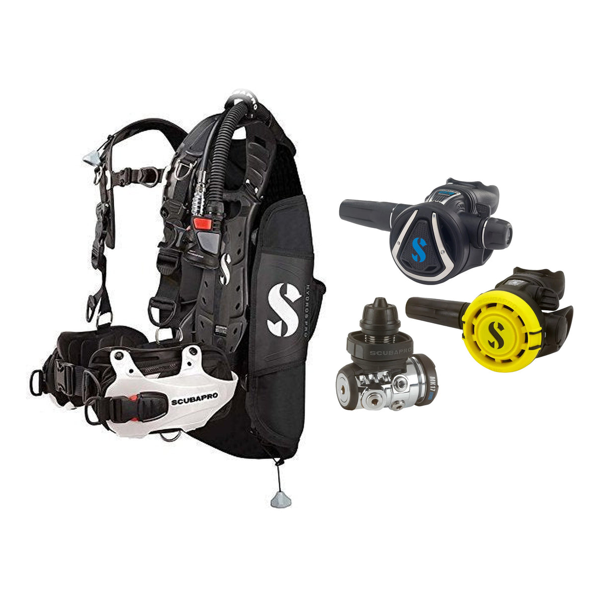 SCUBAPRO MK17 EVO2 / C370 regulator set with R105 octopus and Hydros Pro Mens BCD in white