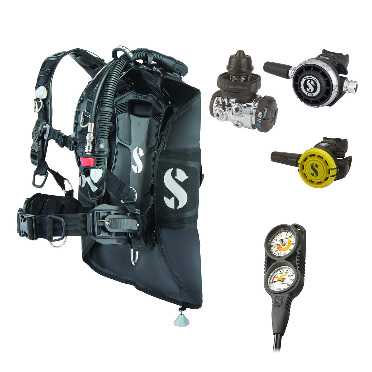 SCUBAPRO MK17 EVO2 / G260 regulator set with R105 octopus and Hydros Pro 2 BCD, with Compact Combo 2