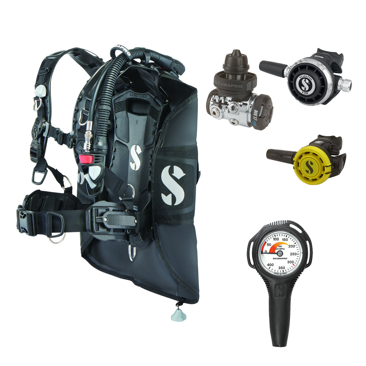 SCUBAPRO MK17 EVO2 / G260 regulator set with R105 octopus and Hydros Pro 2 BCD, with Compact SPG