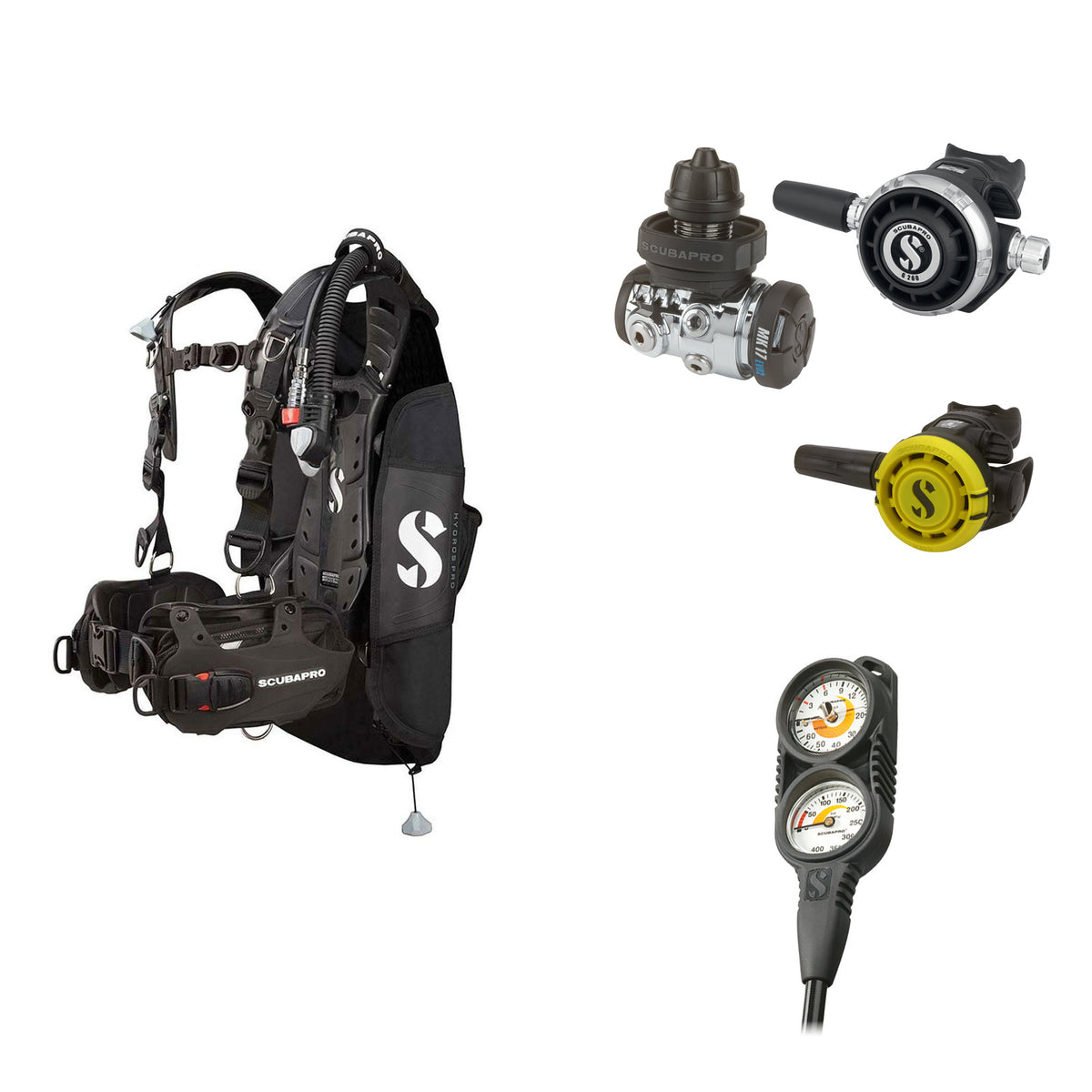 SCUBAPRO MK17 EVO2 / G260 regulator set with R105 octopus and Hydros Pro Ladies BCD in black, with Compact Combo 2