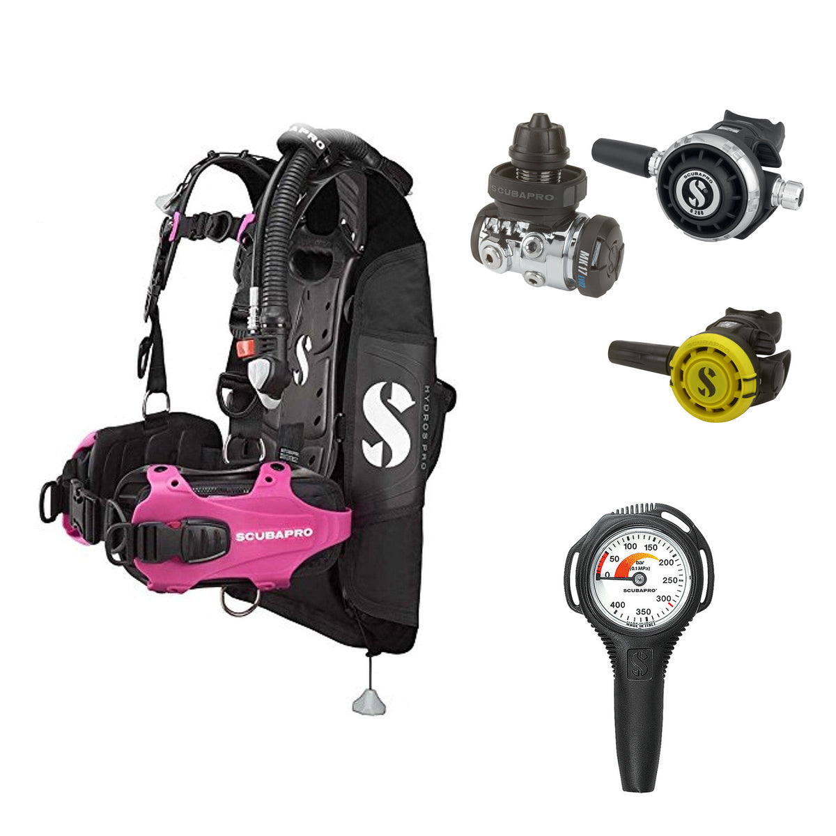 SCUBAPRO MK17 EVO2 / G260 regulator set with R105 octopus and Hydros Pro Ladies BCD in pink, with Compact SPG
