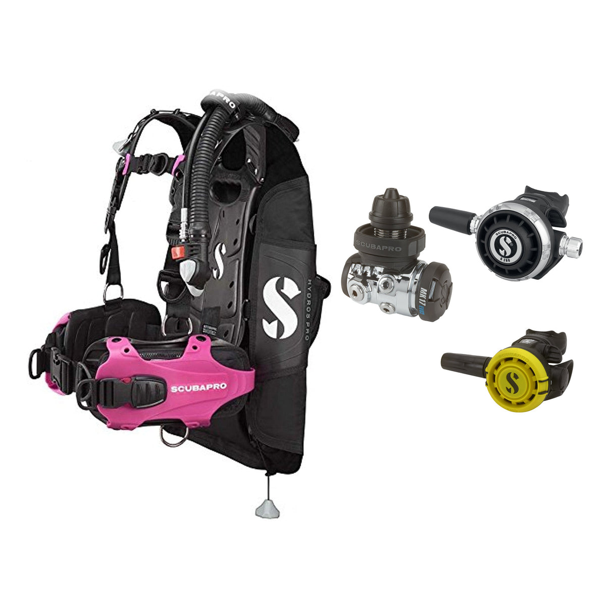 SCUBAPRO MK17 EVO2 / G260 regulator set with R105 octopus and Hydros Pro Ladies BCD in pink