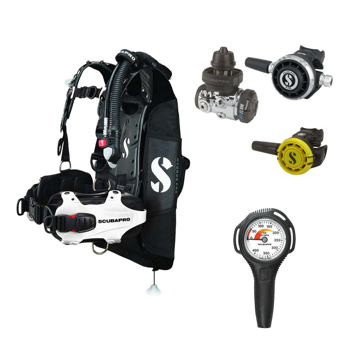 SCUBAPRO MK17 EVO2 / G260 regulator set with R105 octopus and Hydros Pro Ladies BCD in white, with Compact SPG