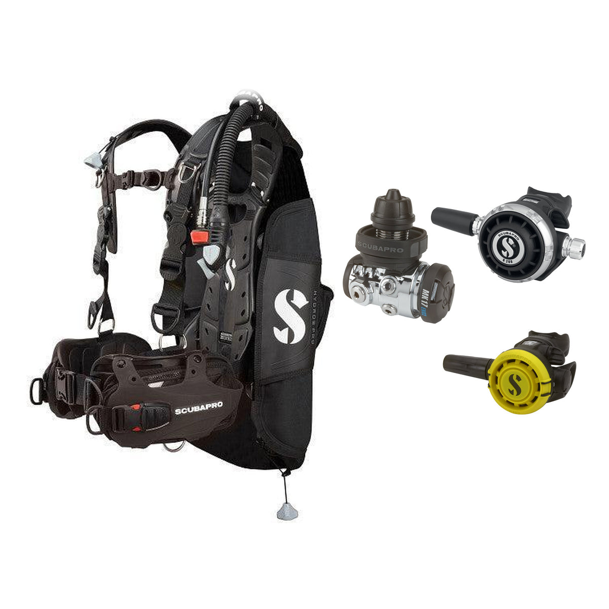 SCUBAPRO MK17 EVO2 / G260 regulator set with R105 octopus and Hydros Pro Mens BCD in all black