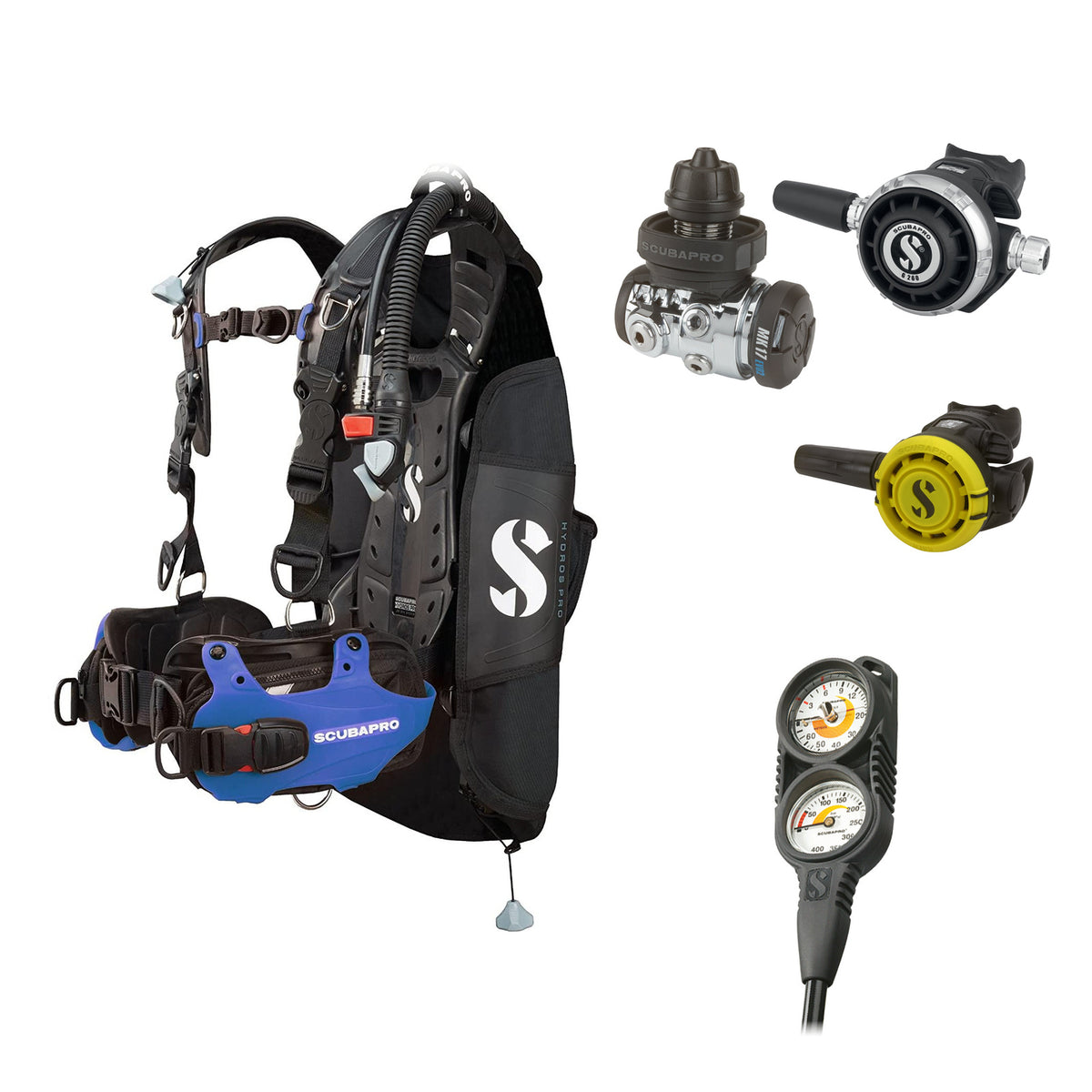 SCUBAPRO MK17 EVO2 / G260 regulator set with R105 octopus and Hydros Pro Mens BCD in blue, with Compact Combo 2