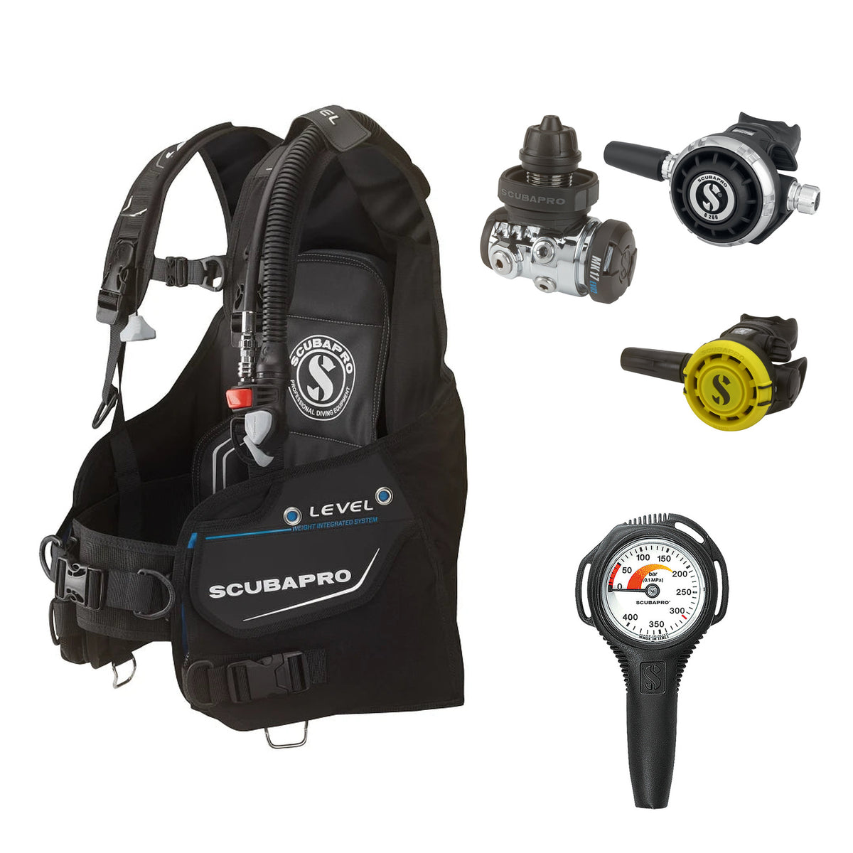 SCUBAPRO MK17 EVO2 / G260 regulator set with R105 octopus and Level BCD, with Compact SPG