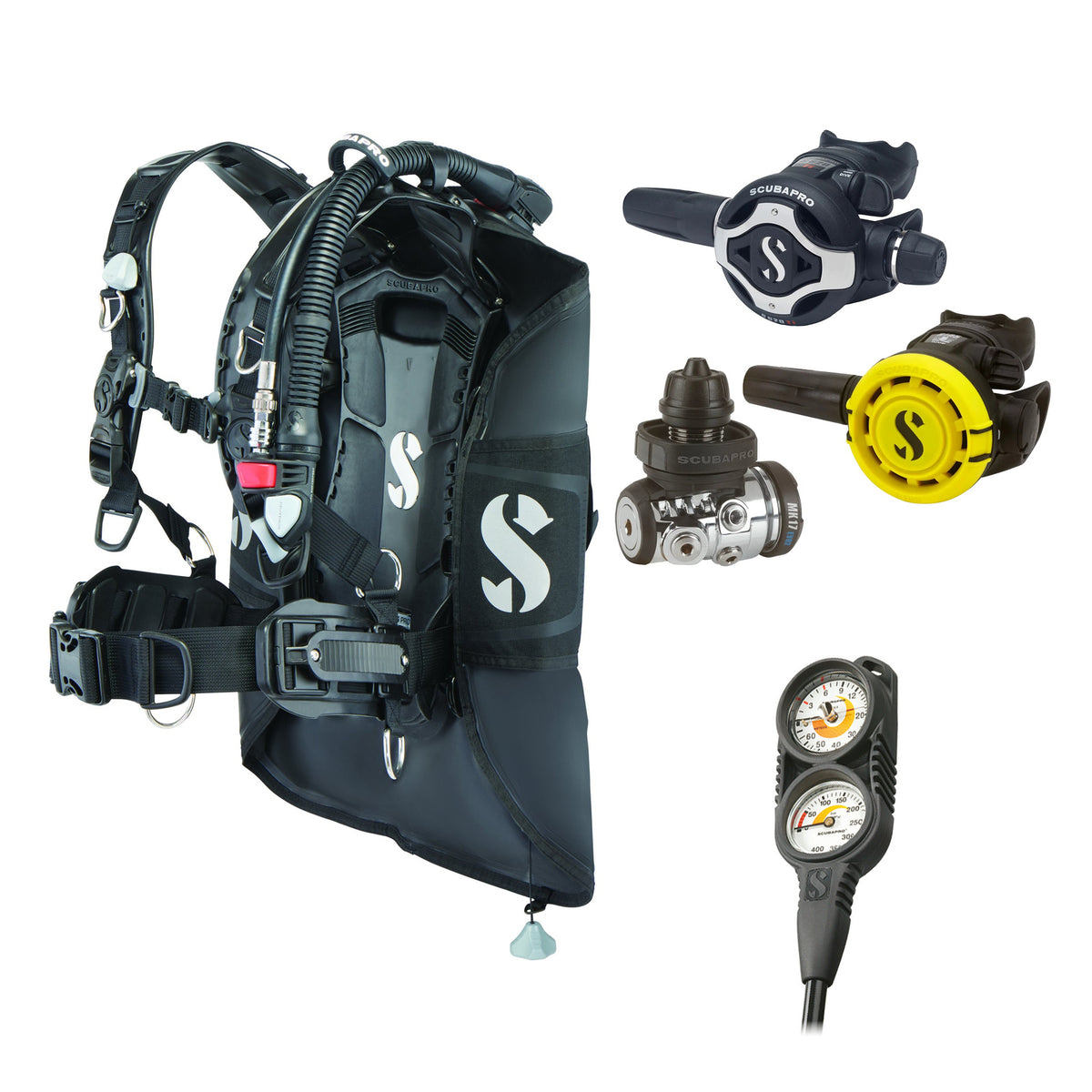 SCUBAPRO MK17 EVO2 / S620Ti regulator set with R105 octopus and Hydros Pro 2 BCD, with Compact Combo 2
