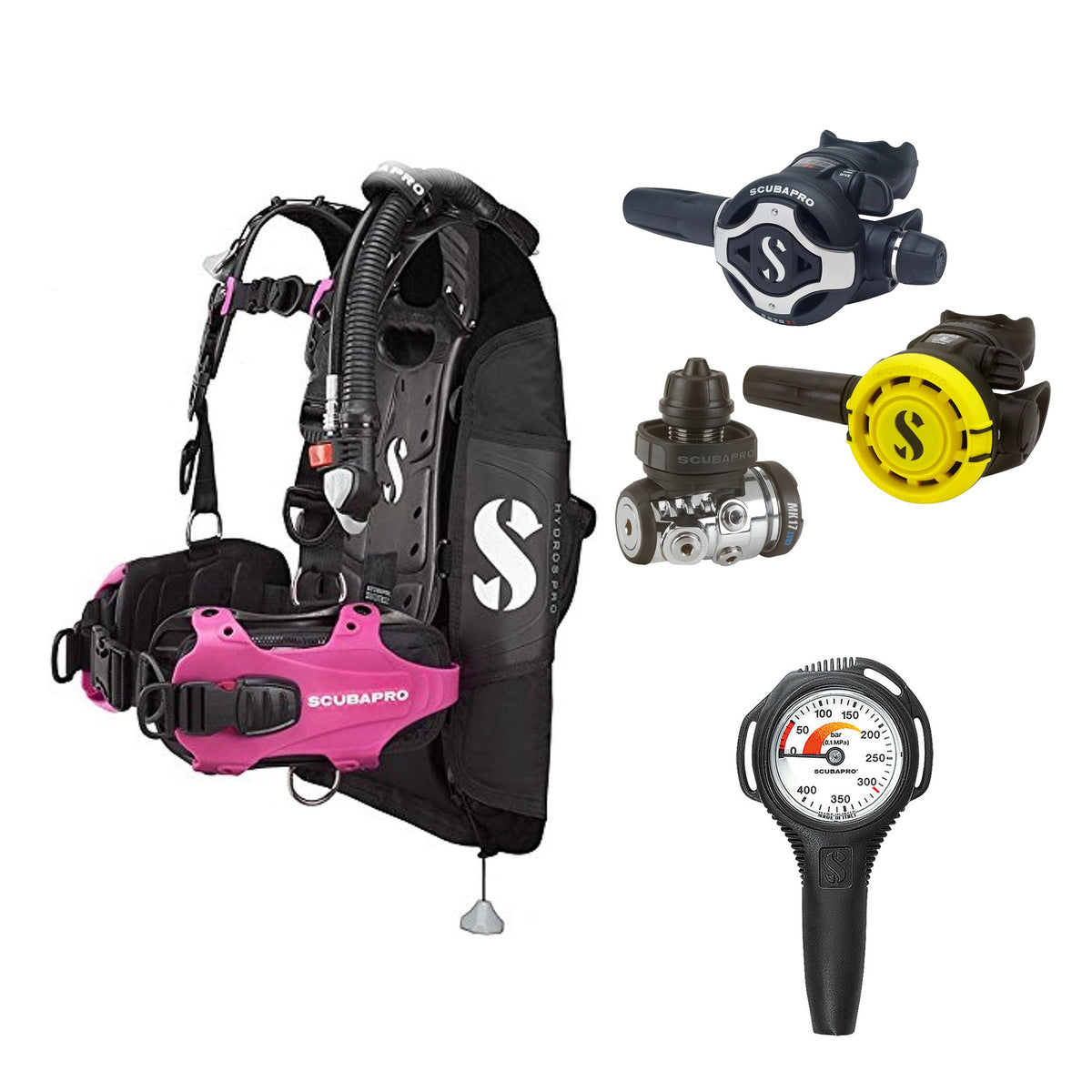 SCUBAPRO MK17 EVO2 / S620Ti regulator set with R105 octopus and Hydros Pro Ladies BCD in pink, with Compact SPG