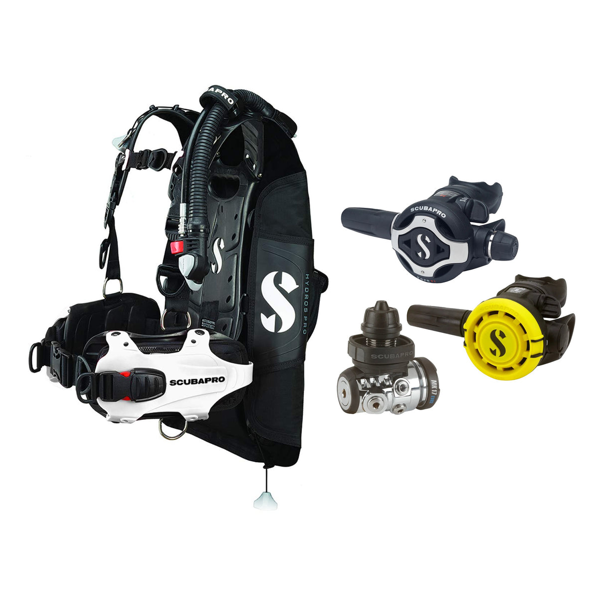 SCUBAPRO MK17 EVO2 / S620Ti regulator set with R105 octopus and Hydros Pro Ladies BCD in white