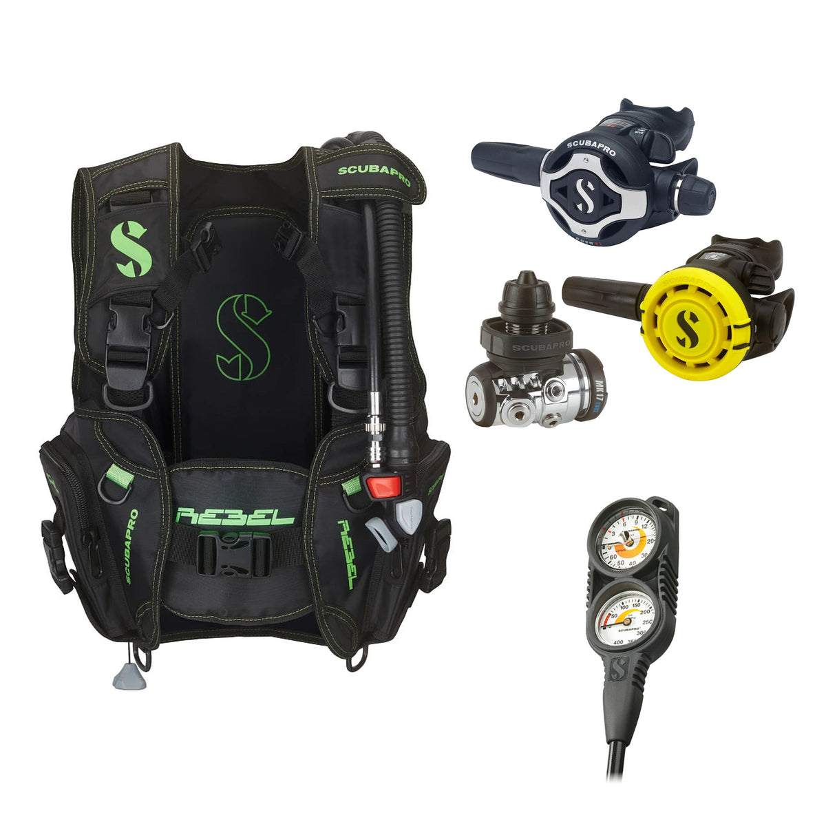 SCUBAPRO MK17 EVO2 / S620Ti regulator set with R105 octopus and Rebel V2 BCD