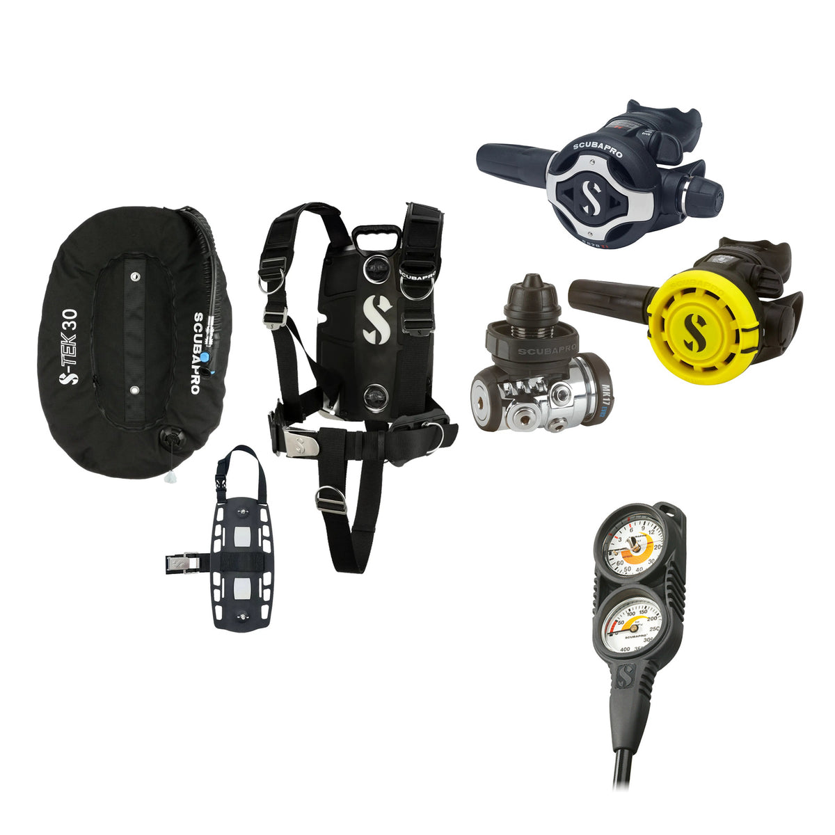 SCUBAPRO MK17 EVO2 / S620Ti regulator set with R105 octopus and S-TEK Pro BCD (stainless steel)