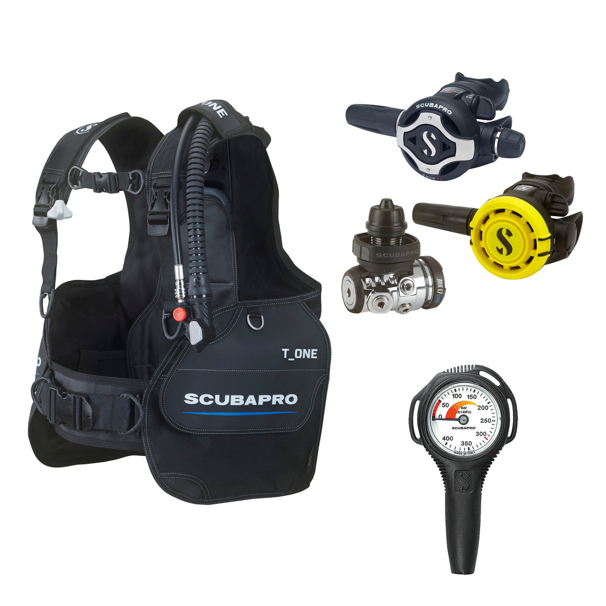 SCUBAPRO MK17 EVO2 / S620Ti regulator set with R105 octopus and T-One BCD, with Compact SPG