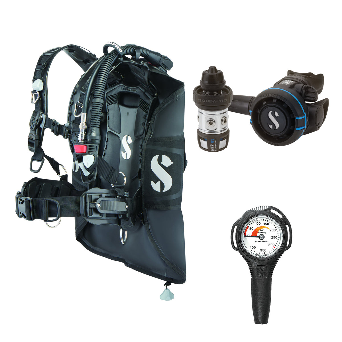 SCUBAPRO MK2 EVO / R105 regulator set with R105 octopus and Hydros Pro 2 BCD, with Compact SPG