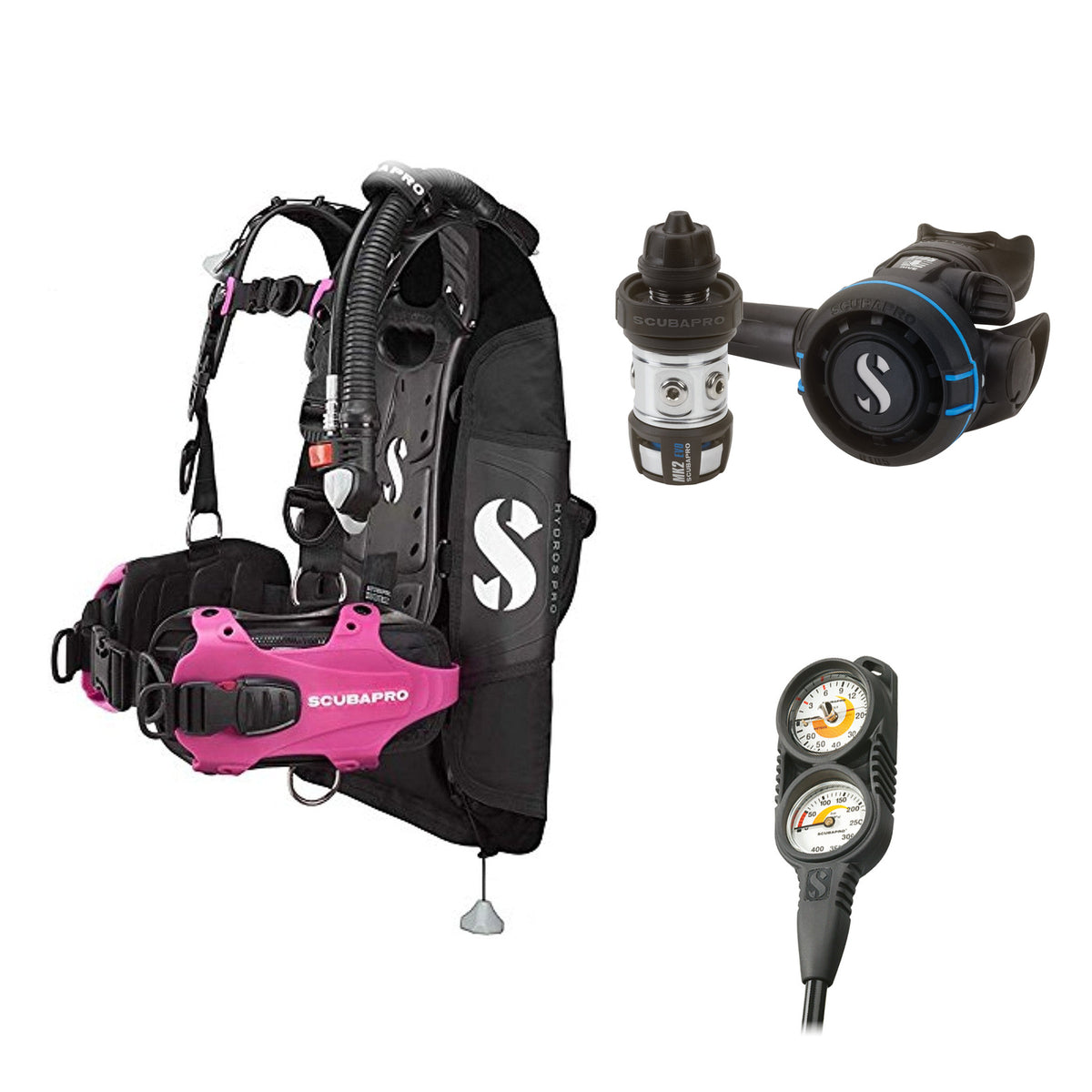 SCUBAPRO MK2 EVO / R105 regulator set with R105 octopus and Hydros Pro Ladies BCD in pink, with Compact Combo 2