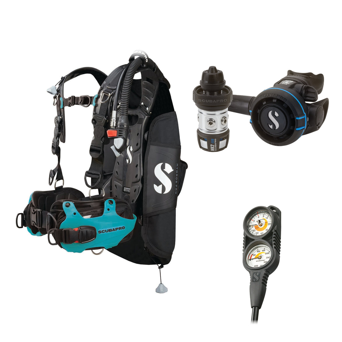 SCUBAPRO MK2 EVO / R105 regulator set with R105 octopus and Hydros Pro Ladies BCD in turquoise, with Compact Combo 2