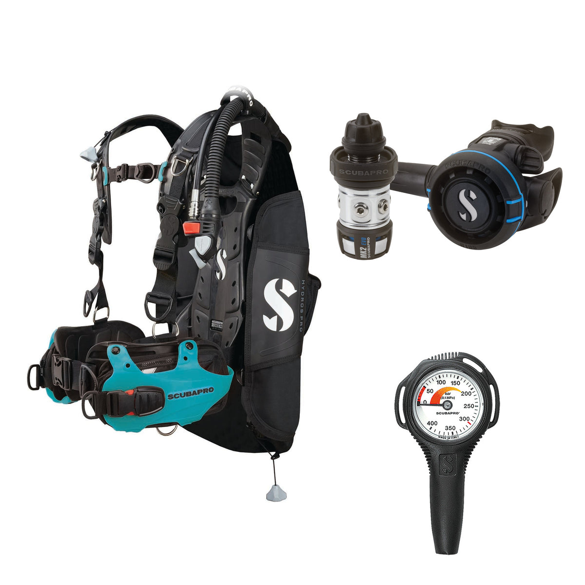 SCUBAPRO MK2 EVO / R105 regulator set with R105 octopus and Hydros Pro Ladies BCD in turquoise, with Compact SPG